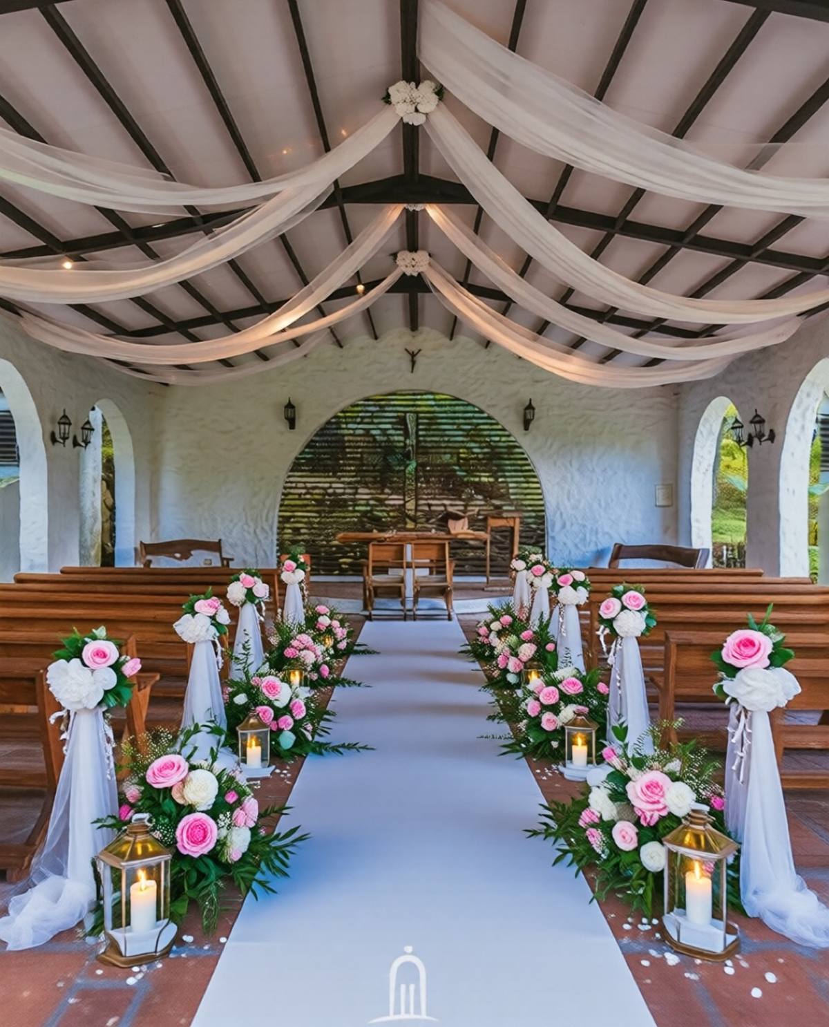 La misma capilla con telas blancas y flores rosas de día