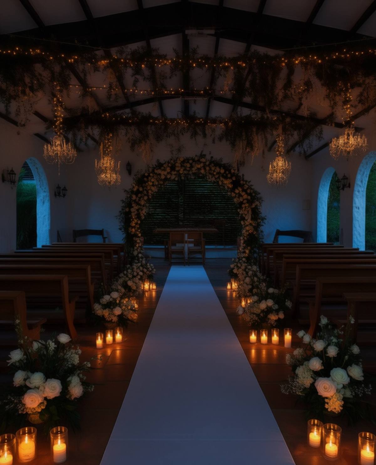 La misma capilla con velas y arco floral de noche