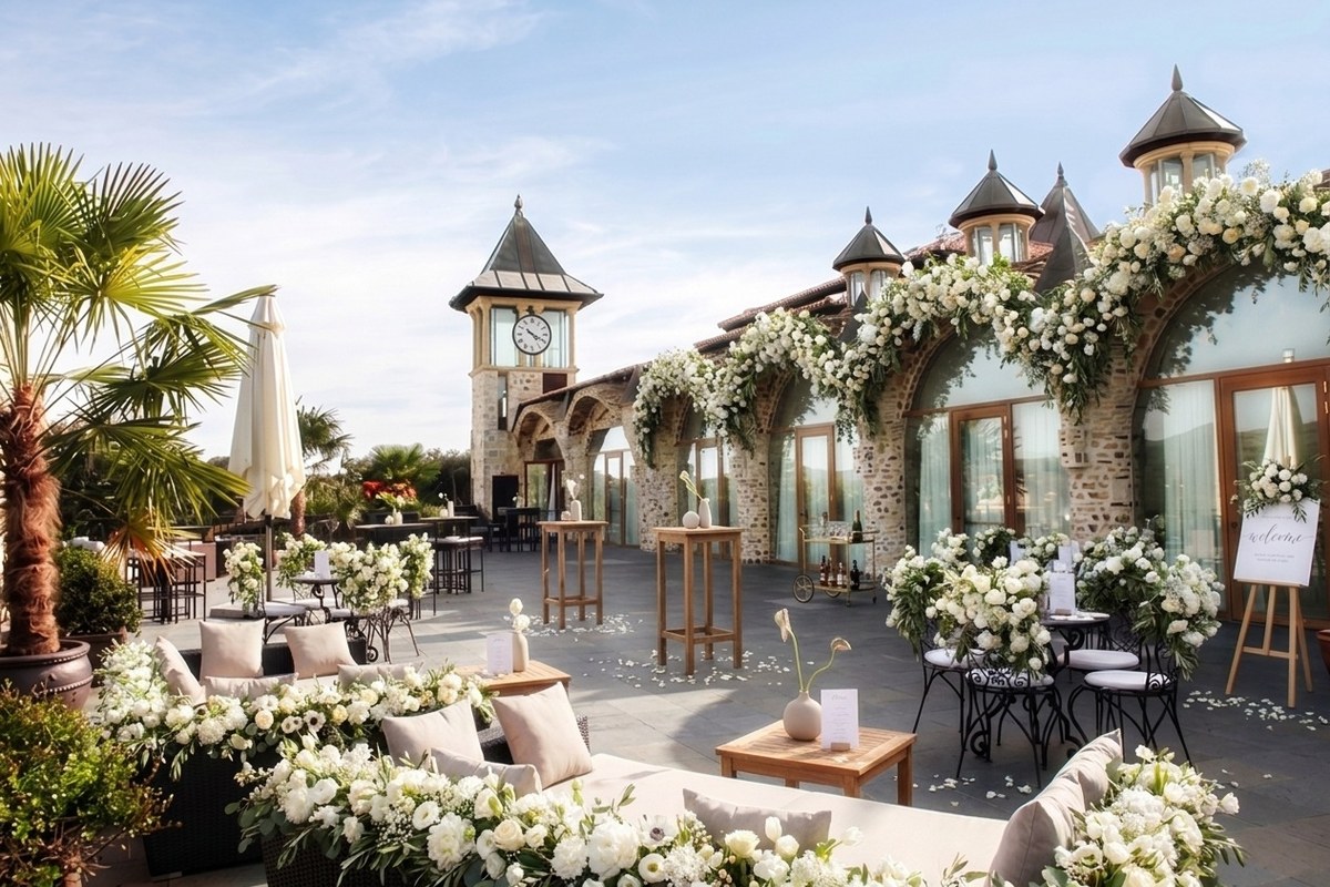 La misma terraza vestida en blanco para el cóctel, con flores sobre los arcos