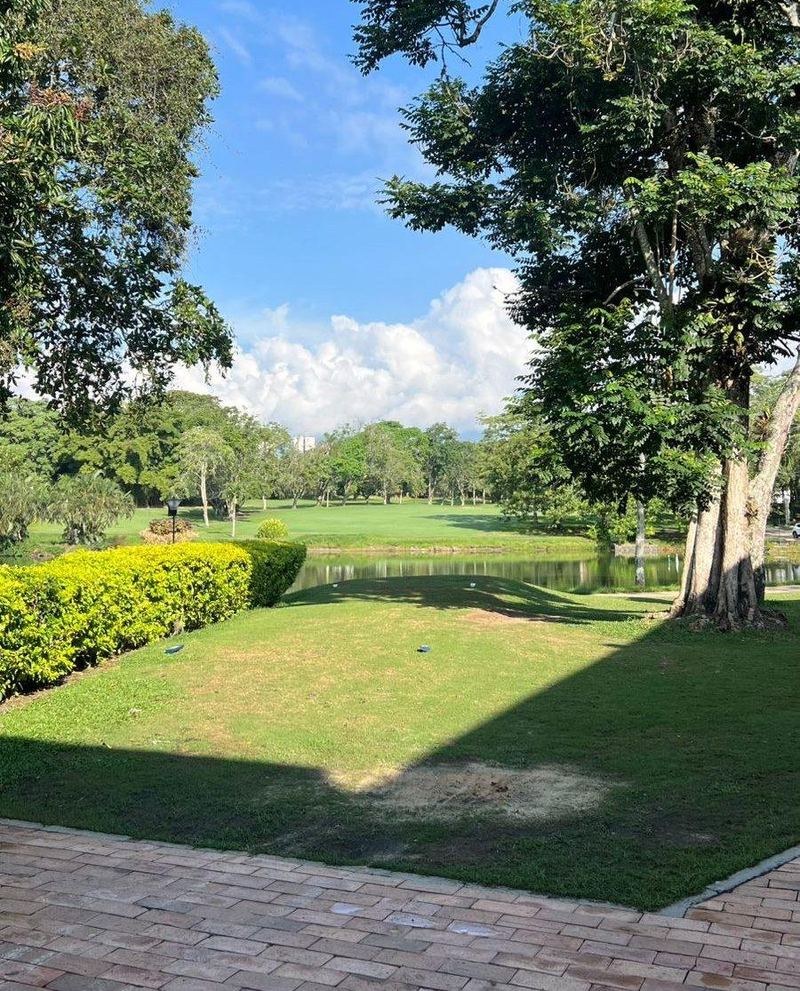 Calle de un campo de golf junto a un lago, sin decorar