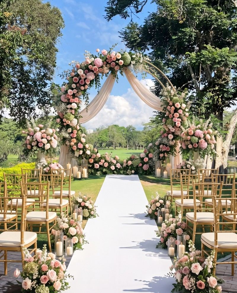 El mismo campo con arco de flores rosas y pasillo blanco