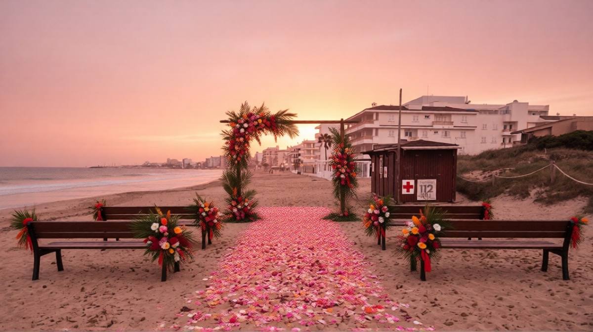 Una playa con arco floral y pasillo de pétalos al atardecer